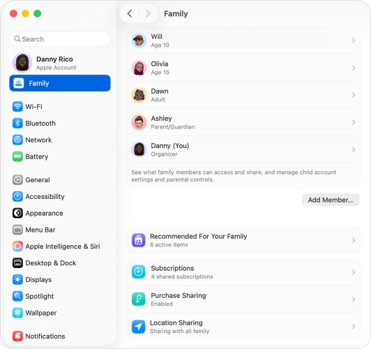 add member to family in settings on mac