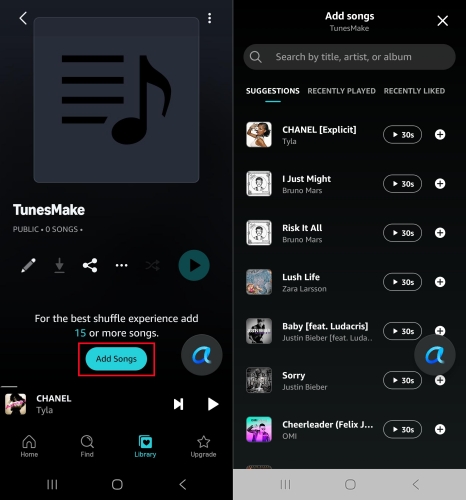 add songs to created playlist in amazon music