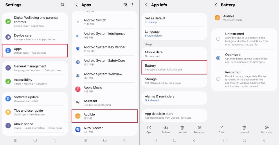 set audible battery setting on android