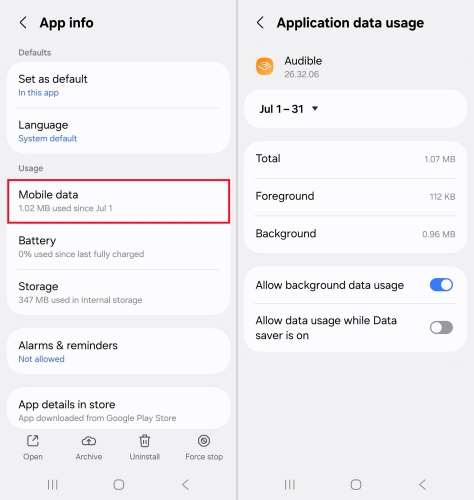 audible data usage on android