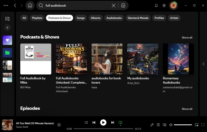 find audiobooks in podcasts and shows on spotify