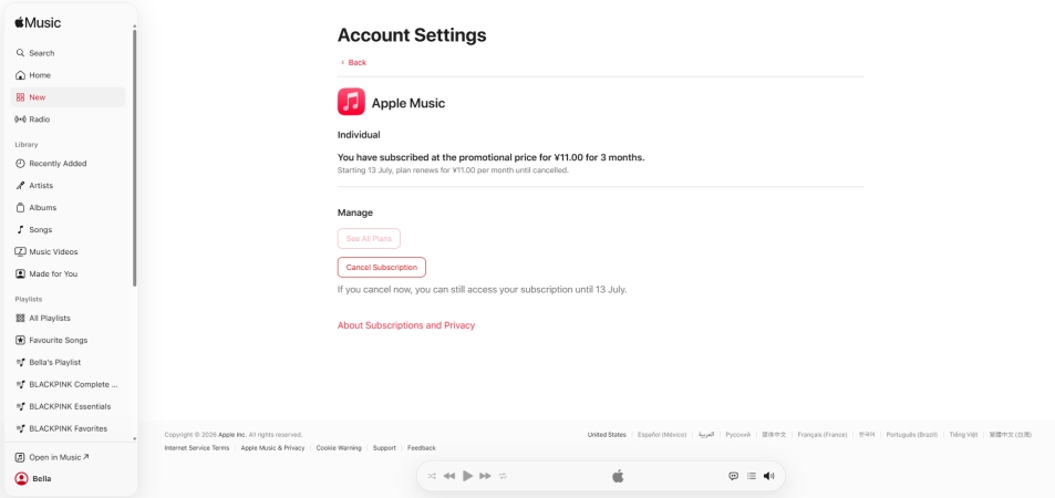 cancle apple music on web browser