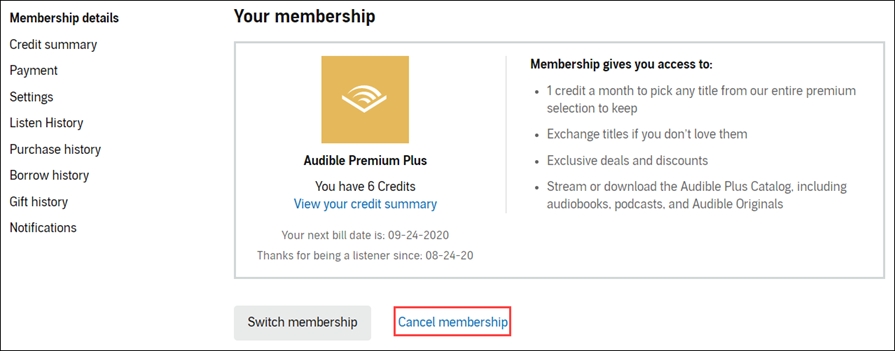 cancel audible membership online