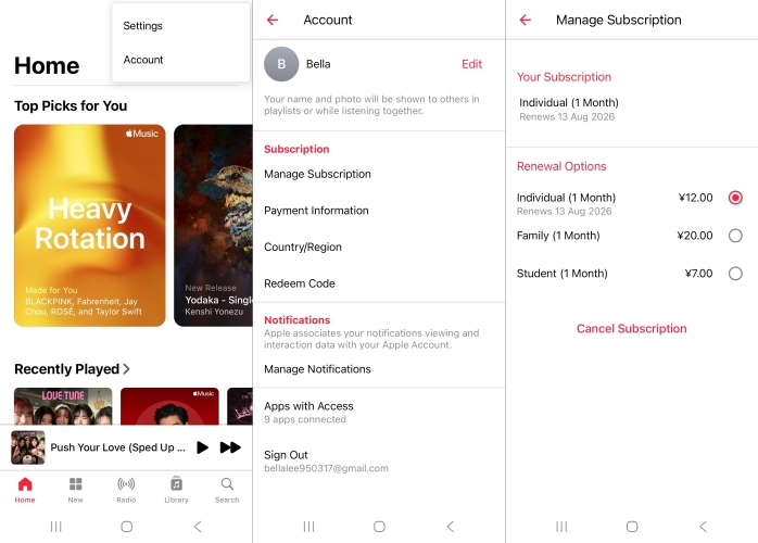 change apple music plan on android