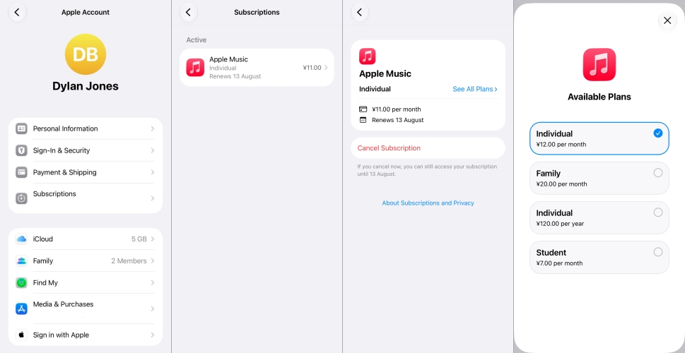 change apple music plan on iphone
