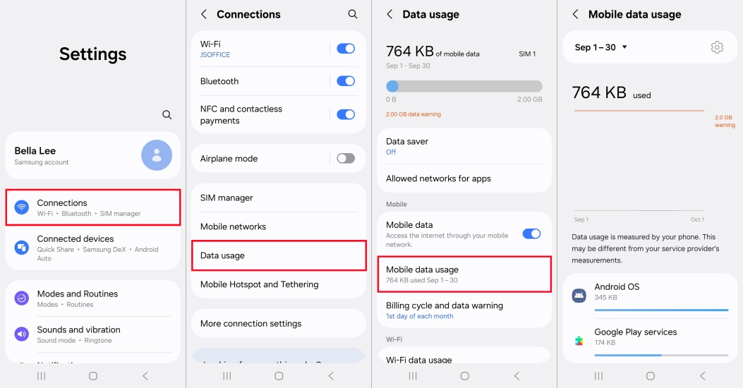 check cellular data usage on android