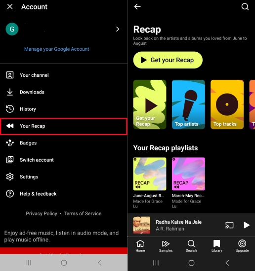 check youtube music recap on phone