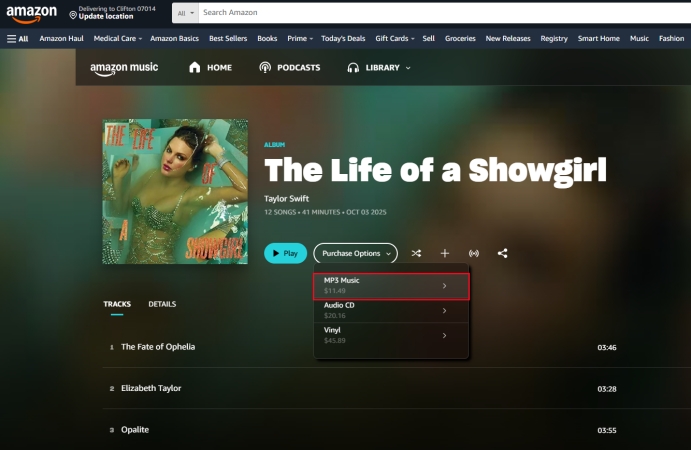 choose purchase option in amazon music