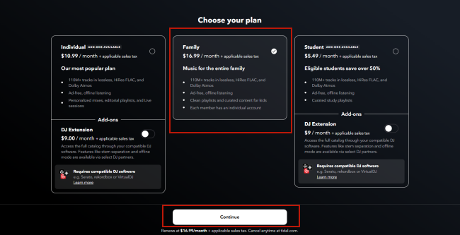 choose tidal family plan