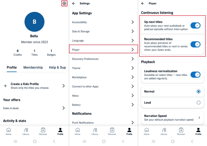 enable continuous listening in audible