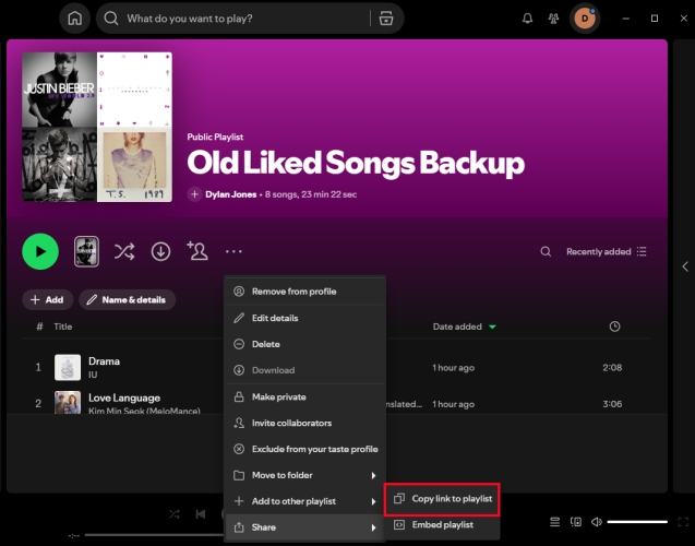 copy link to playlist in spotify