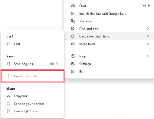 create shortcut on google chrome