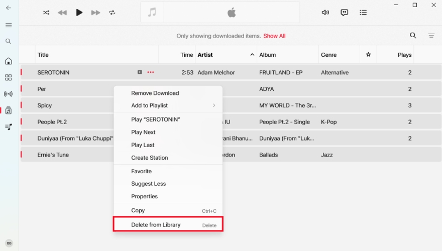 delete from library in apple music on computer