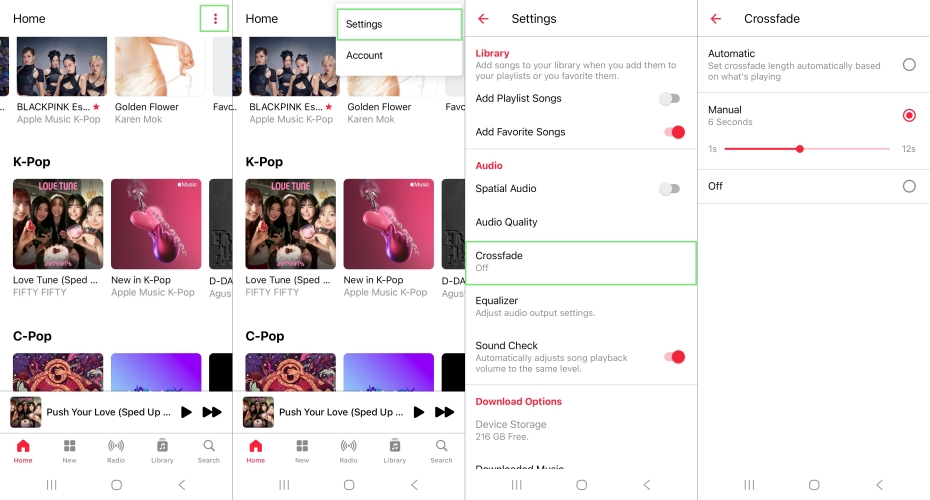 set apple music crossfade on android