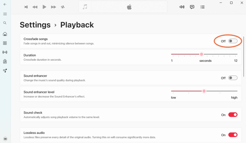 set apple music crossfade on windows pc