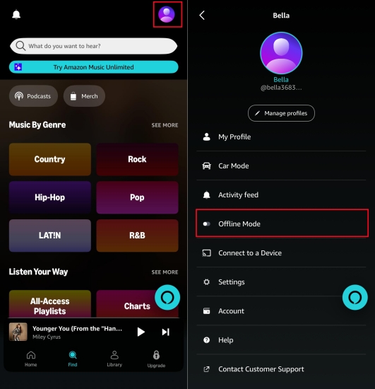enable offline mode on amazon music