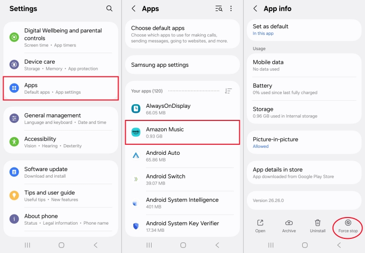 force stop amazon music on android