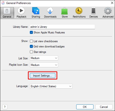 import settings in itunes