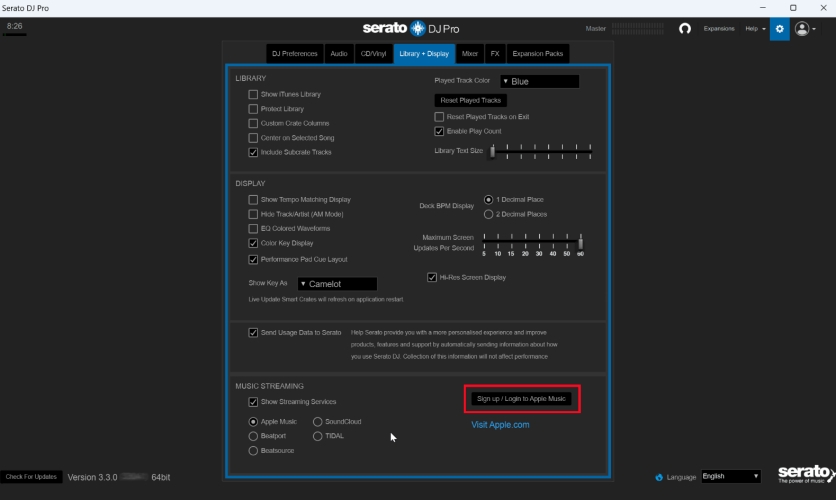sign into apple music in serato dj