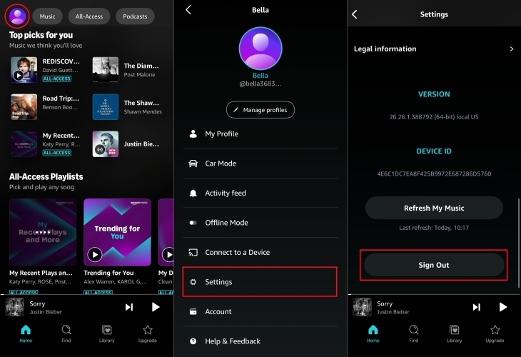 log out amazon music on phone