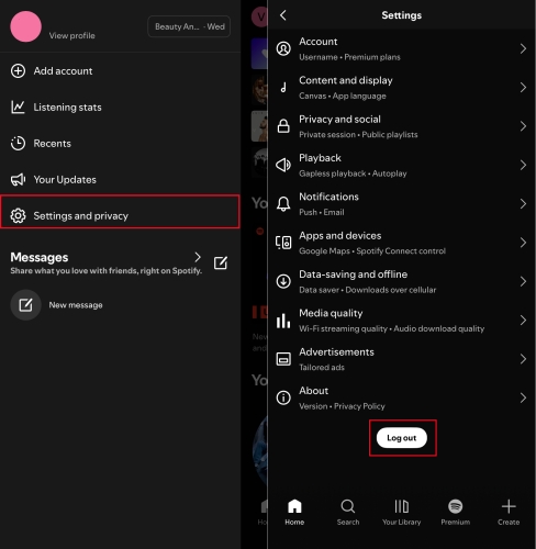 log out spotify on mobile