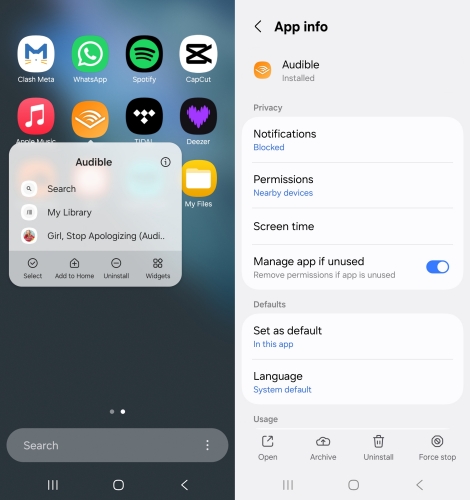 manage audible app if unused on android
