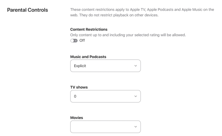 parental controls in apple music web player