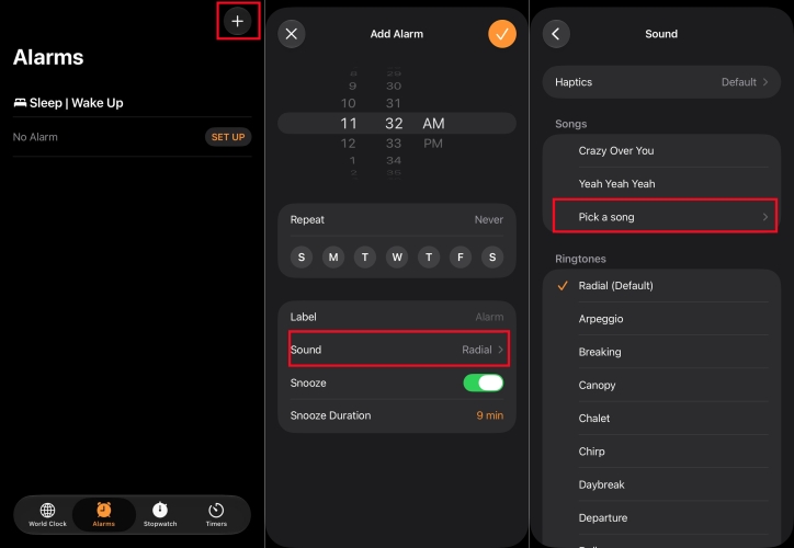 pick a song in alarm on iphone