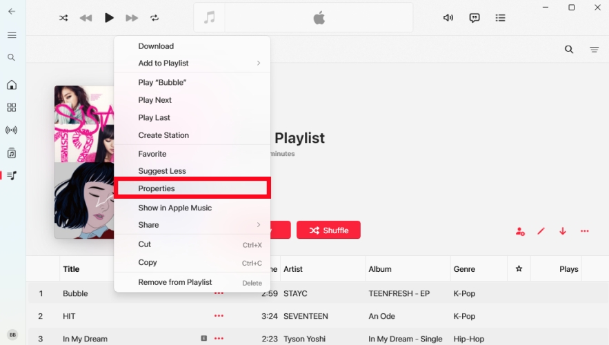 properties in apple music playlist on computer