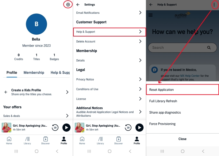 reset application in audible