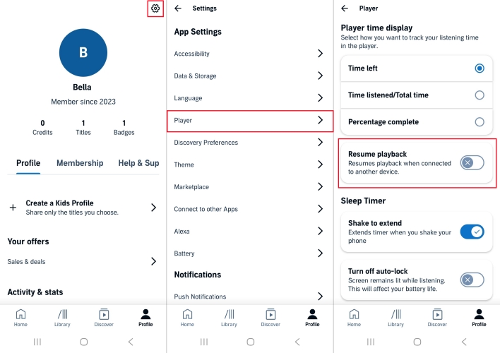 resume playback in audible