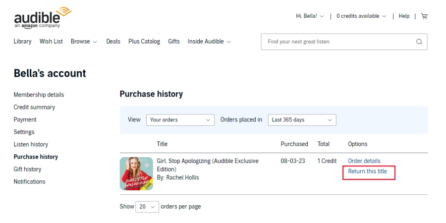 return audible title on the web