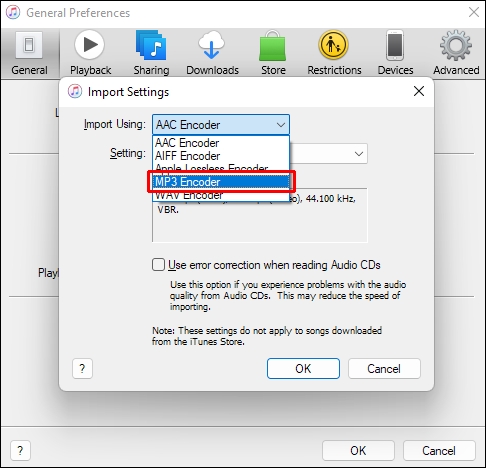 select mp3 encoder in itunes