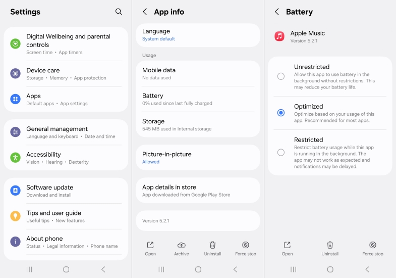 set apple music battery on android