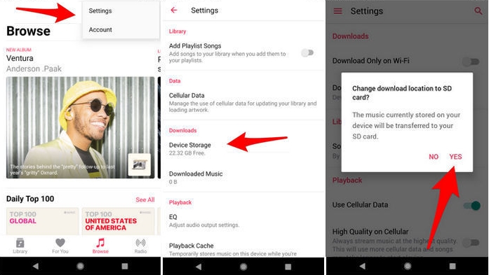 set apple music download location to sd card