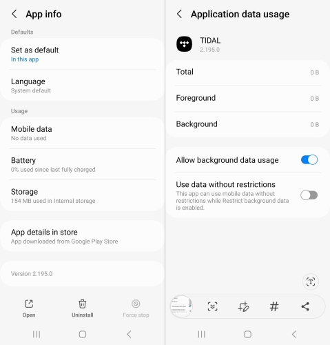 set application data usage for tidal on android