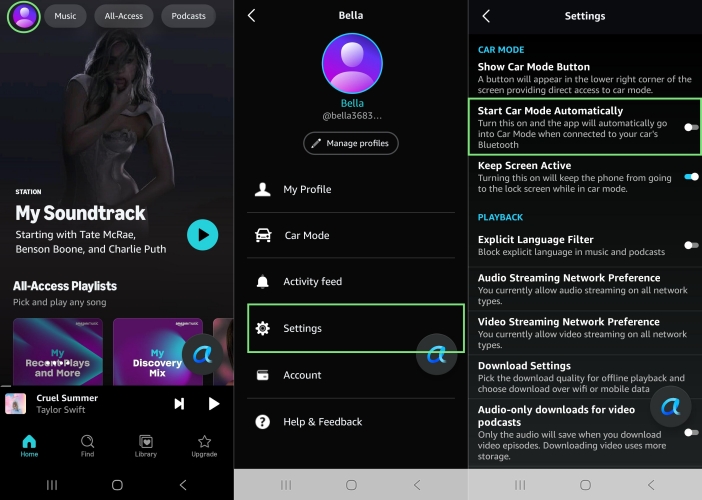 turn on automatic car mode in amazon music