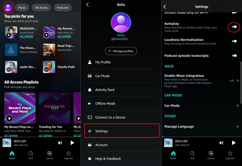 set autoplay in amazon music on phone