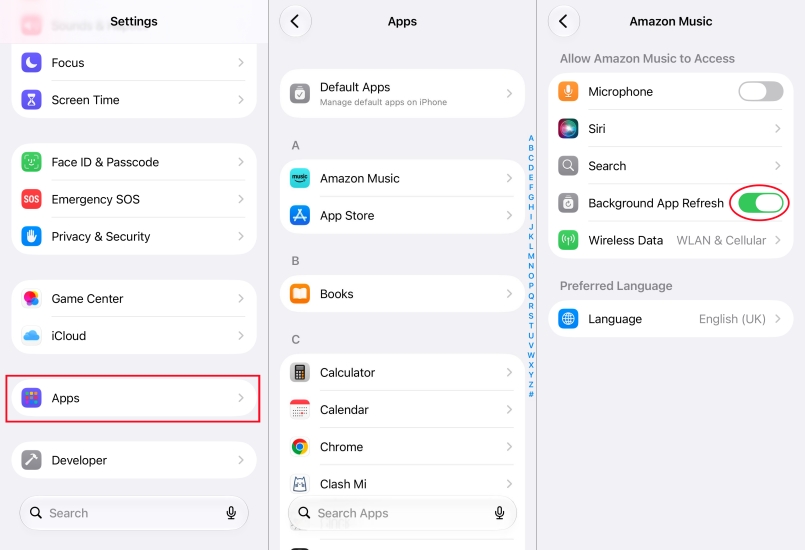 set background app refresh for amazon music on iphone