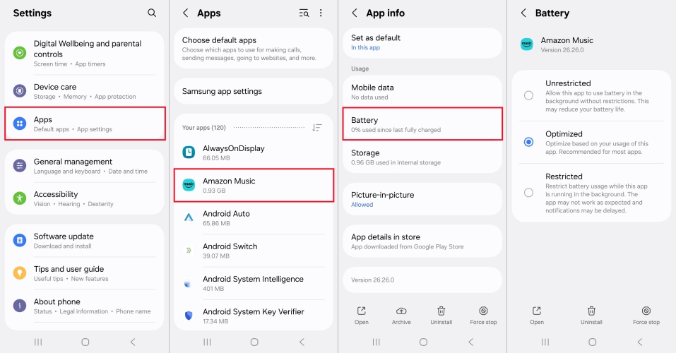 set battery for amazon music on android