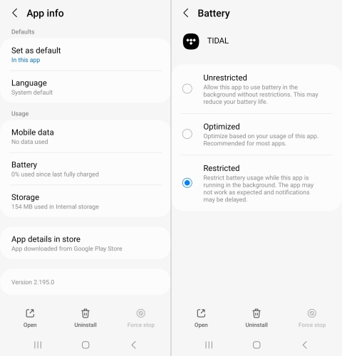 set battery for tidal on android