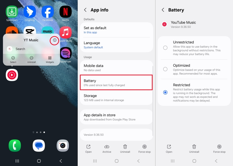 set battery settings for youtube music on android