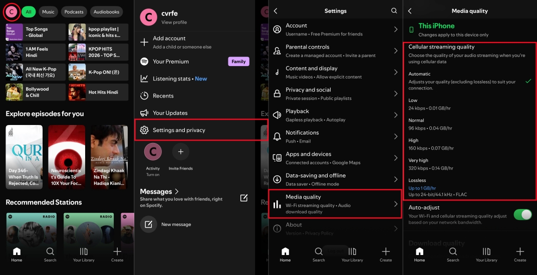 set cellular streaming quality for spotify