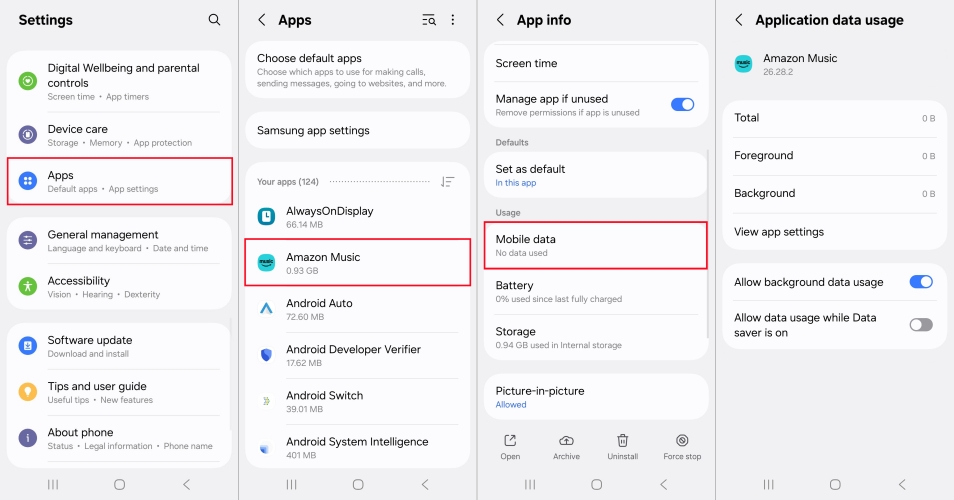 set data usage for amazon music on android