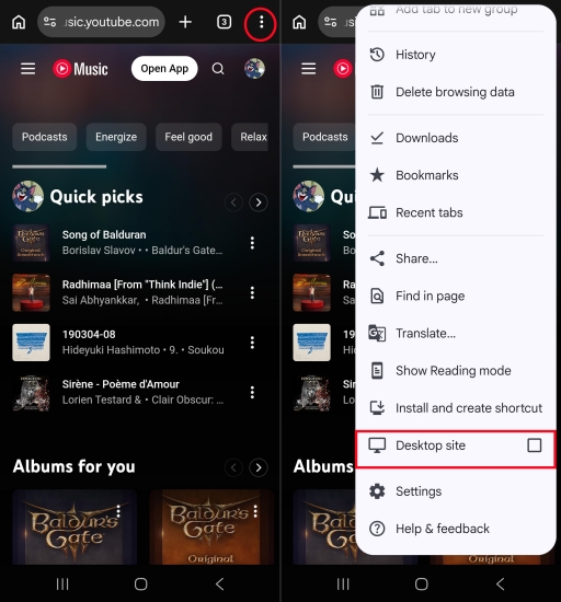 set desktop site for youtube music on android