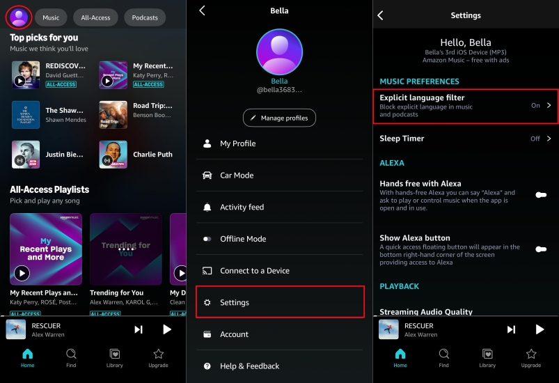 set explicit language filter in amazon music