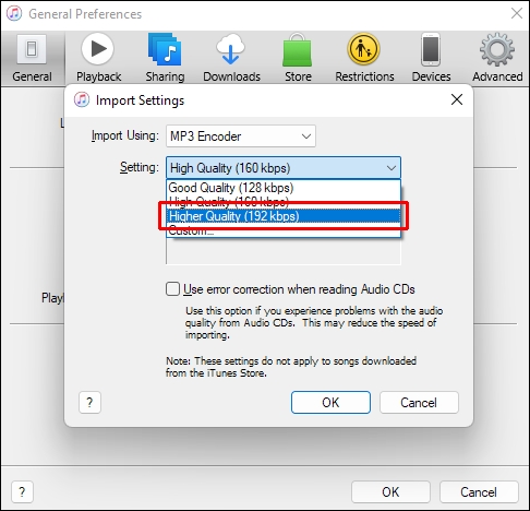set high quality for mp3 encoder in itunes