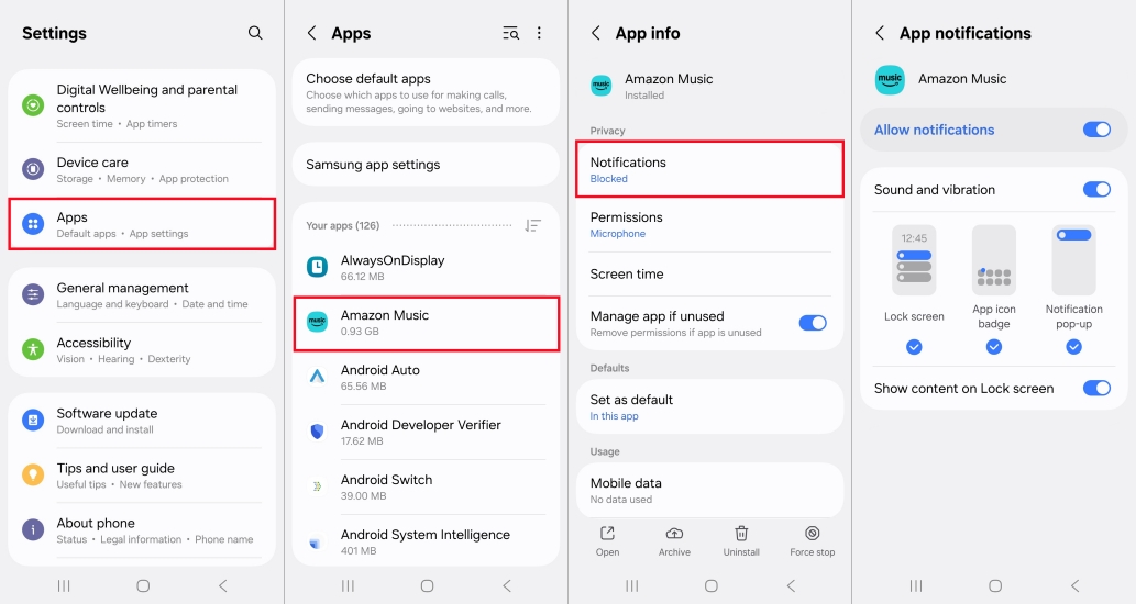 set notifications for amazon music on android