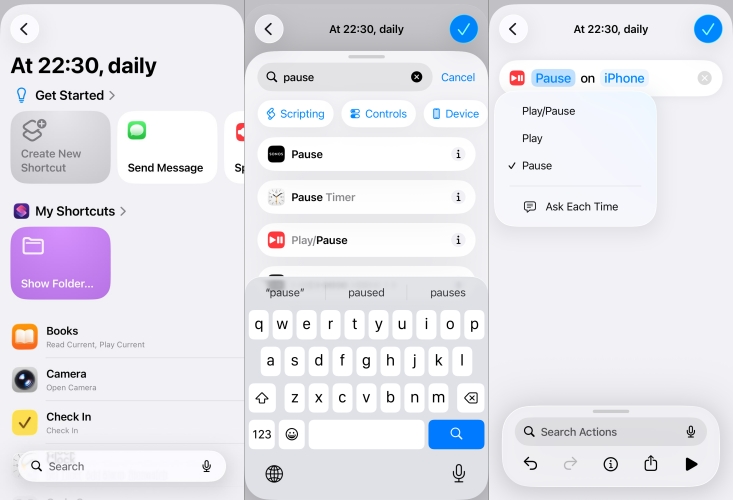 set pause action for automation on iphone