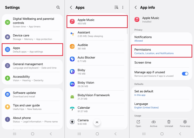 set permissions for apple music on android